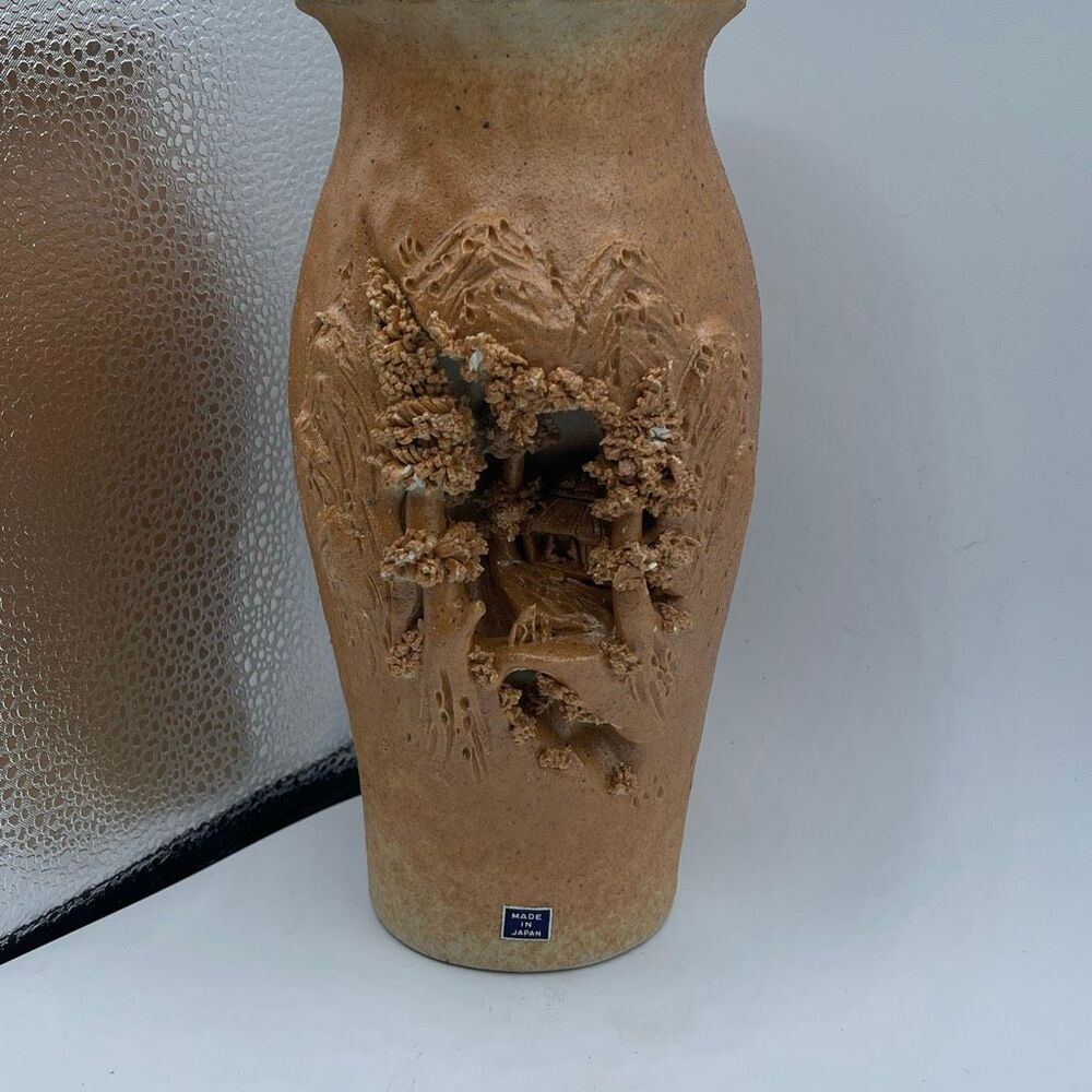 Vintage Tobe Ware Ceramic Vase Haroku Tomozawa landscape carving vase.